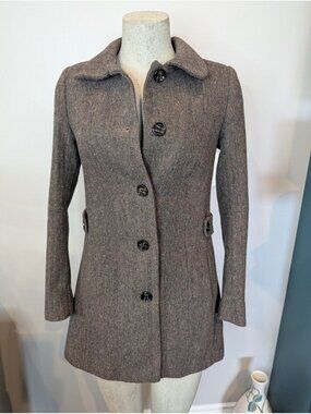 H&M Tailored Herringbone Tweed Coat Wool Brown Jacket With Color Flecks Size 4